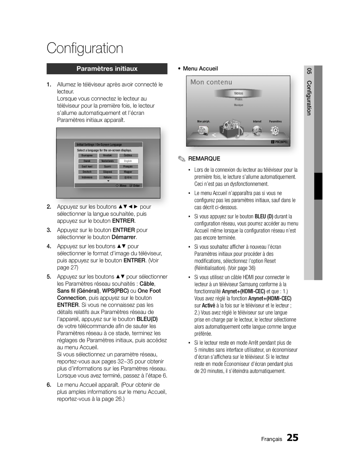 Samsung BD-D5300/ZF Paramètres initiaux, Configuration Français, Si le lecteur reste en mode Arrêt pendant plus de 