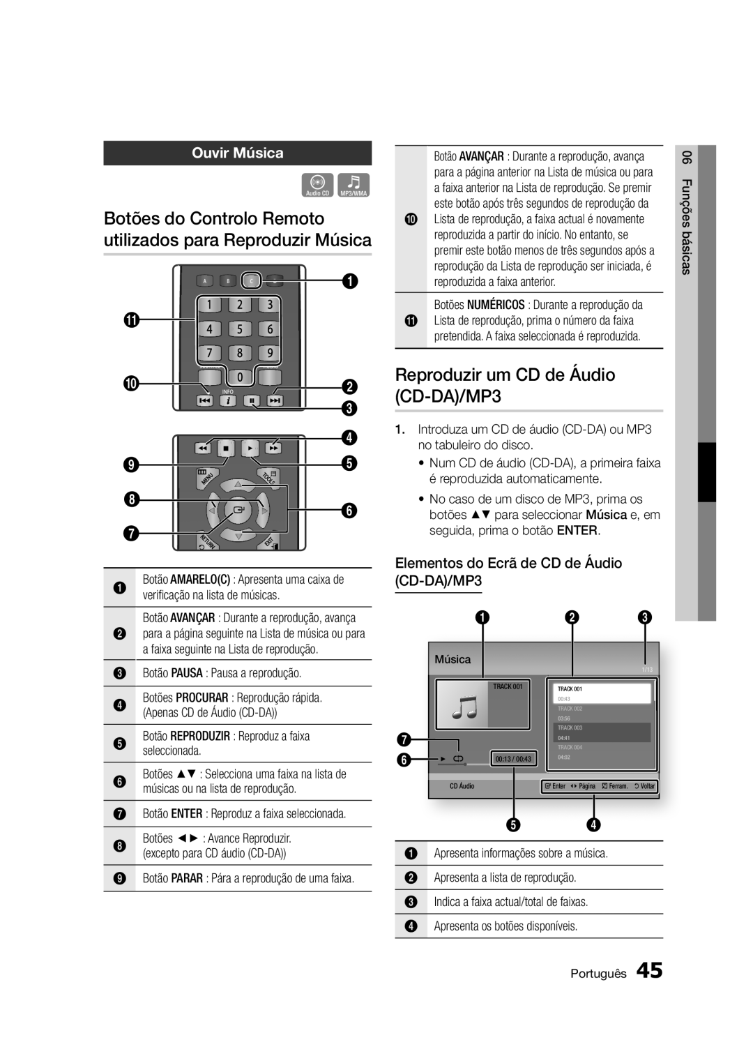 Samsung BD-D5300/ZF manual Botões do Controlo Remoto utilizados para Reproduzir Música, Reproduzir um CD de Áudio CD-DA/MP3 