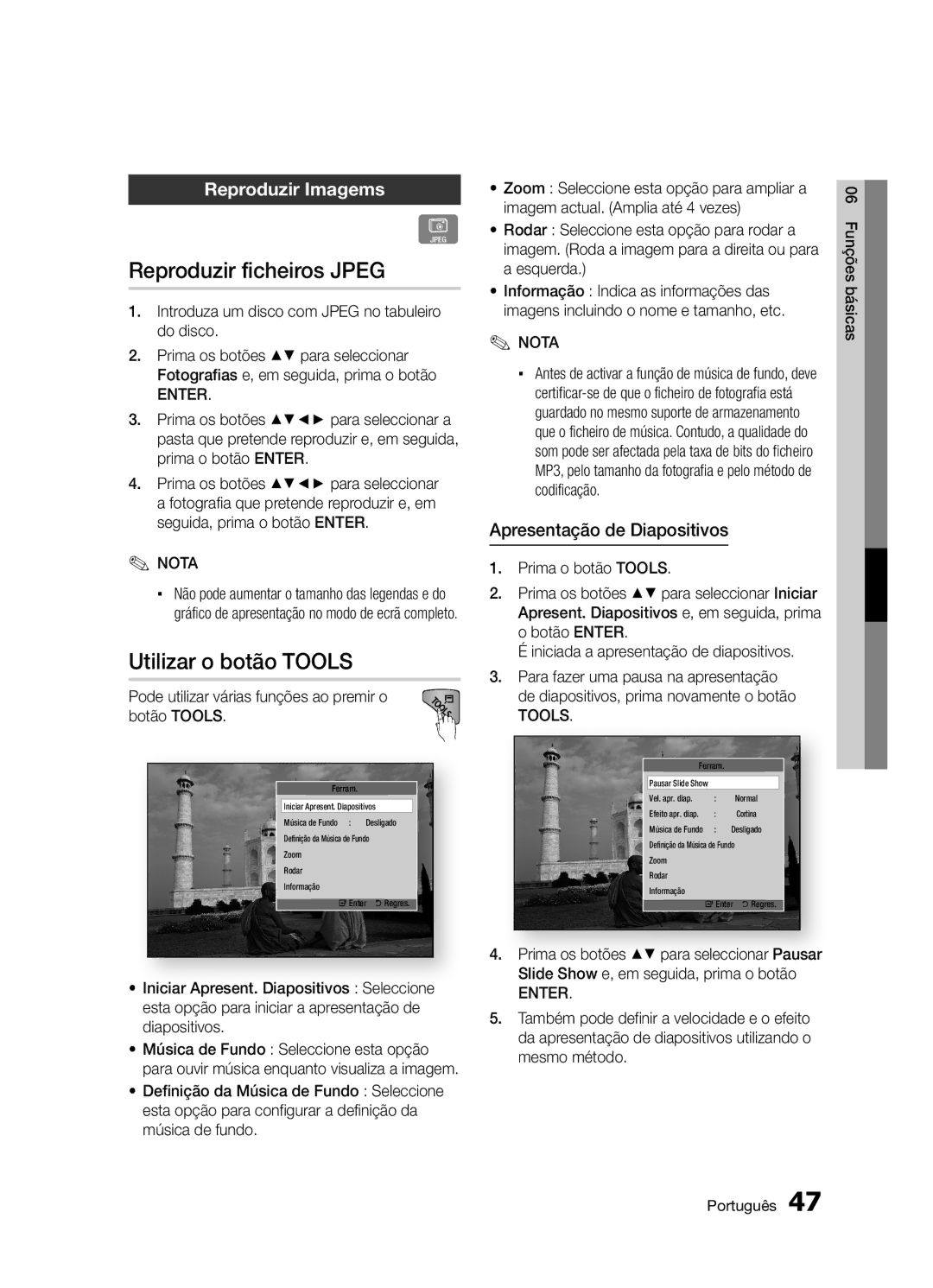 Samsung BD-D5300/ZF Reproduzir ficheiros Jpeg, Utilizar o botão Tools, Reproduzir Imagems, Apresentação de Diapositivos 