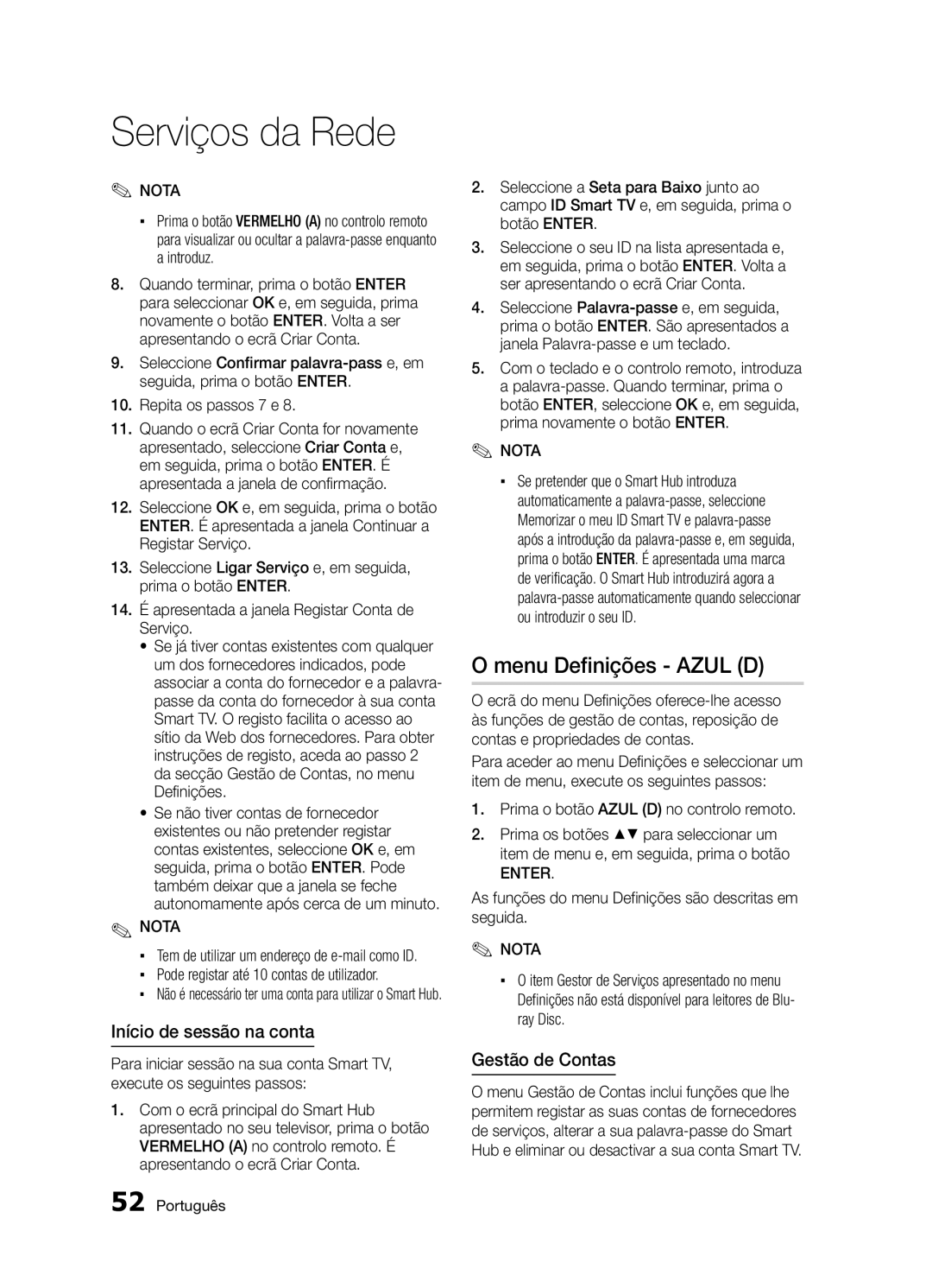 Samsung BD-D5300/ZF manual Menu Definições Azul D, Início de sessão na conta, Gestão de Contas 