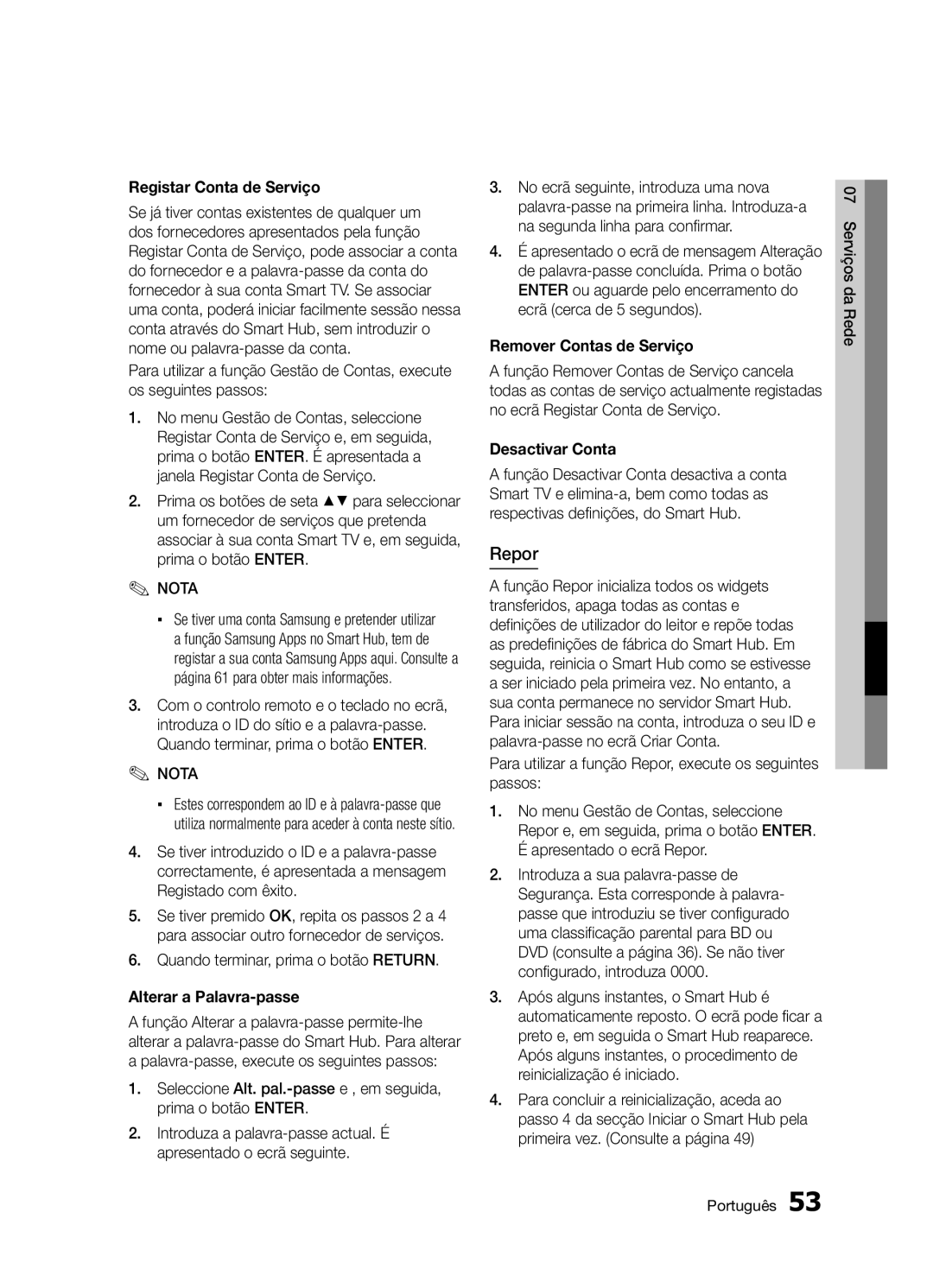 Samsung BD-D5300/ZF Repor, Registar Conta de Serviço, Alterar a Palavra-passe, Remover Contas de Serviço, Desactivar Conta 