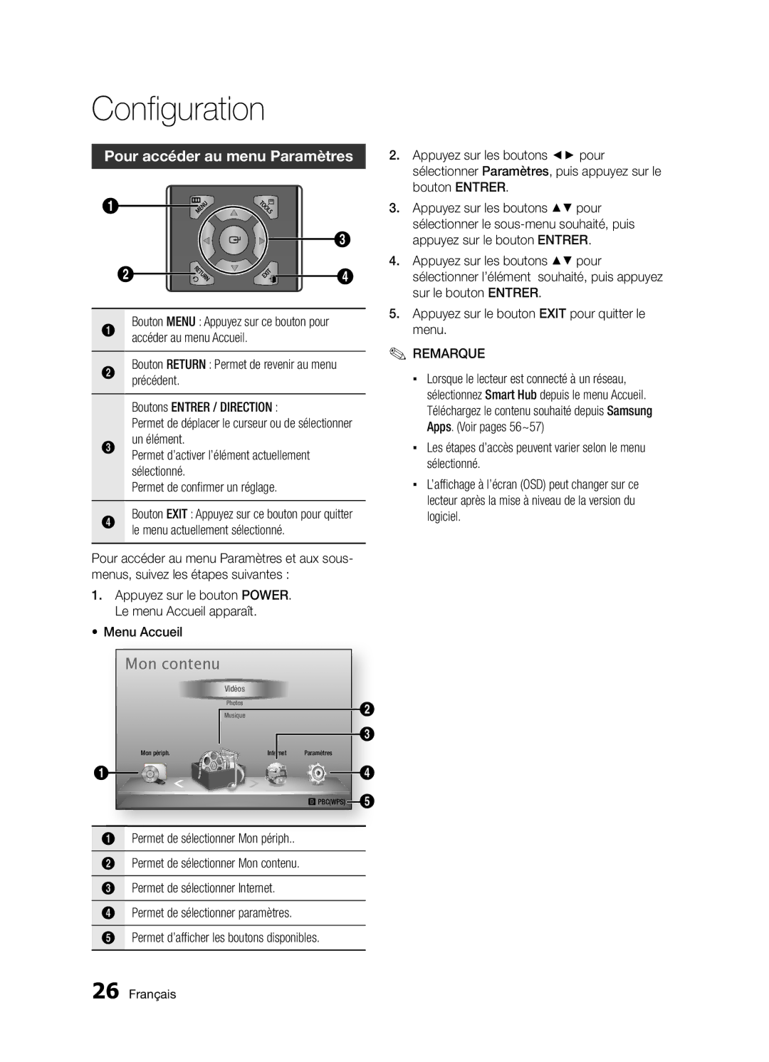 Samsung BD-D5300/ZF manual Pour accéder au menu Paramètres, Les étapes d’accès peuvent varier selon le menu sélectionné 