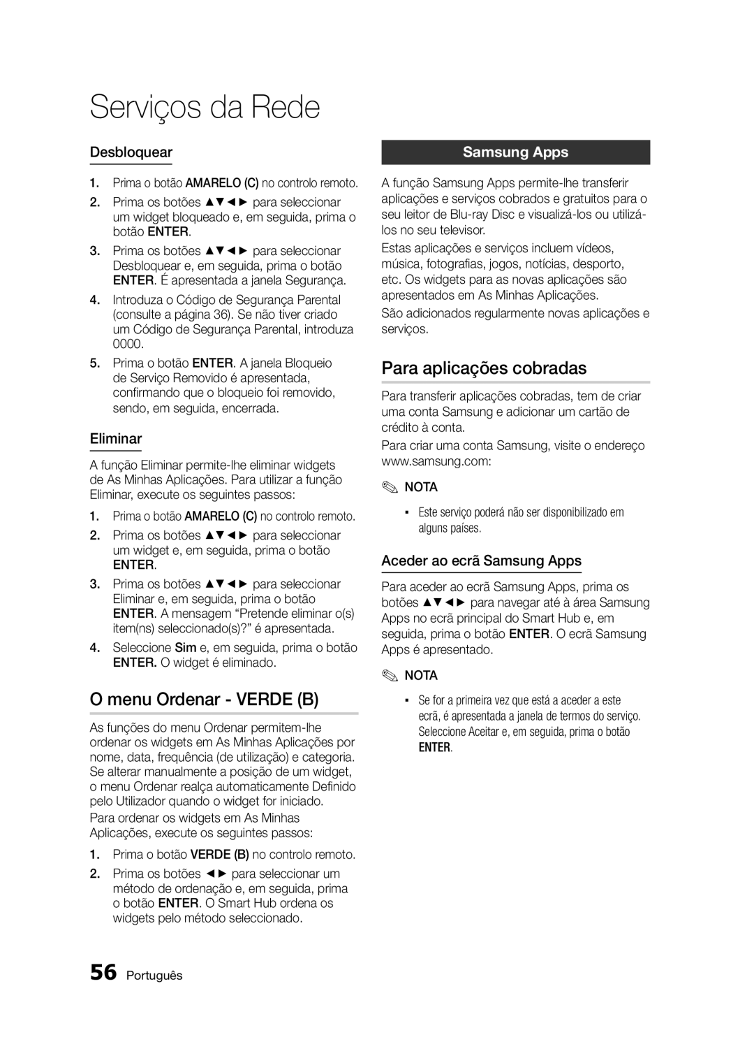 Samsung BD-D5300/ZF Menu Ordenar Verde B, Para aplicações cobradas, Desbloquear, Eliminar, Aceder ao ecrã Samsung Apps 