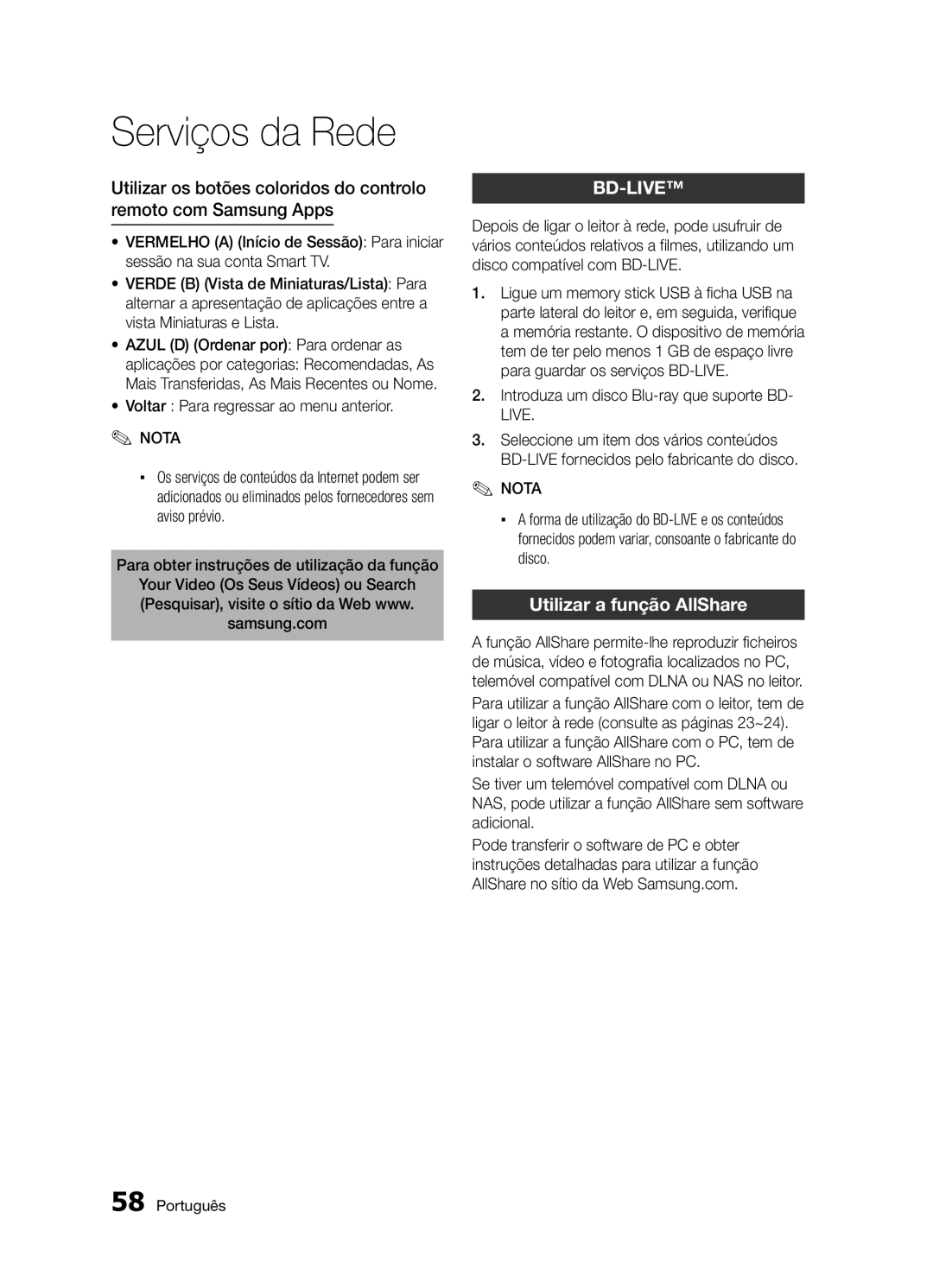 Samsung BD-D5300/ZF manual Utilizar a função AllShare, Voltar Para regressar ao menu anterior 