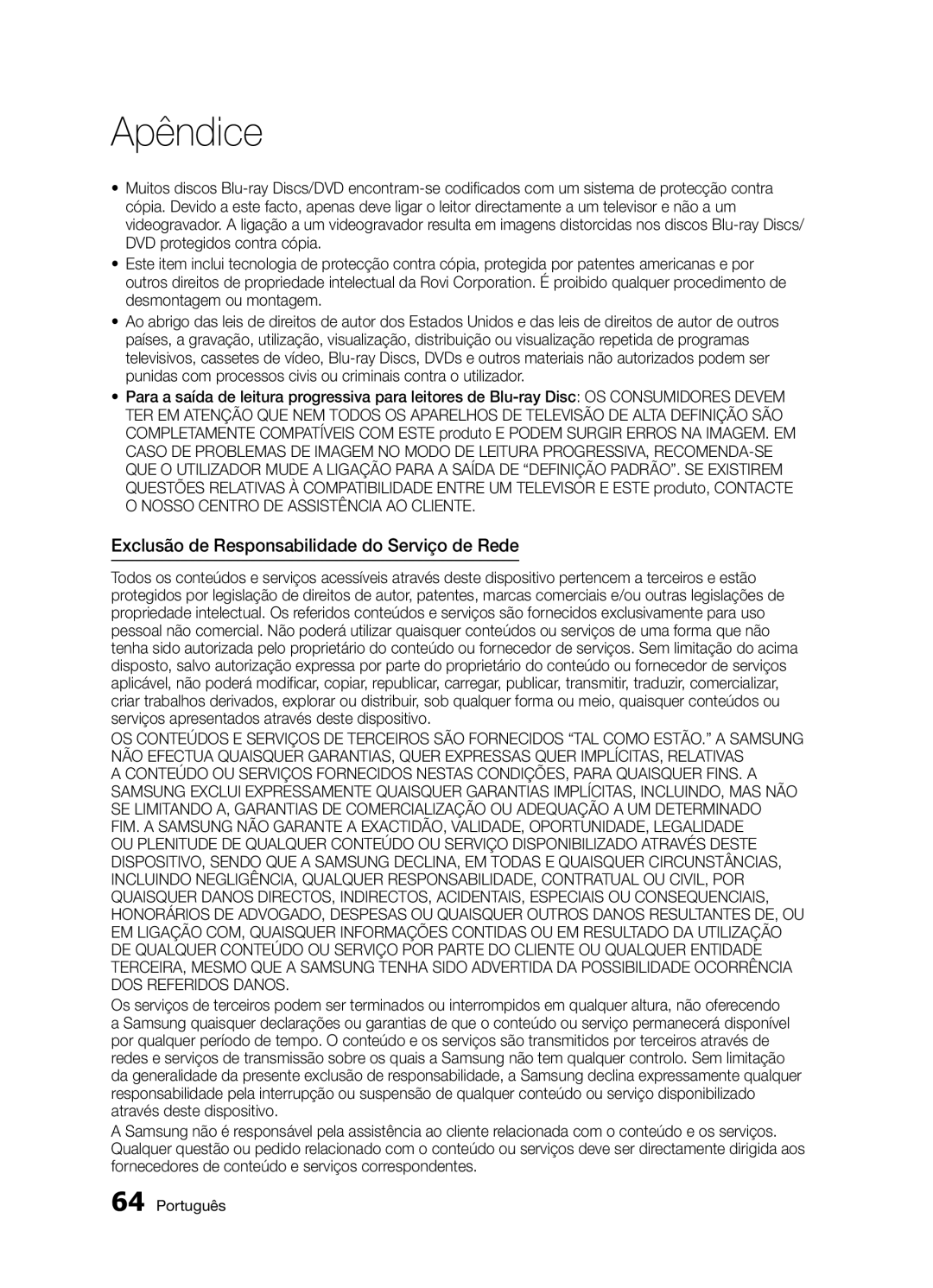 Samsung BD-D5300/ZF manual Exclusão de Responsabilidade do Serviço de Rede 