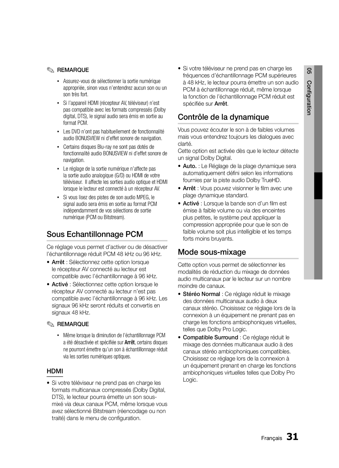 Samsung BD-D5300/ZF manual Sous Echantillonnage PCM, Contrôle de la dynamique, Mode sous-mixage 