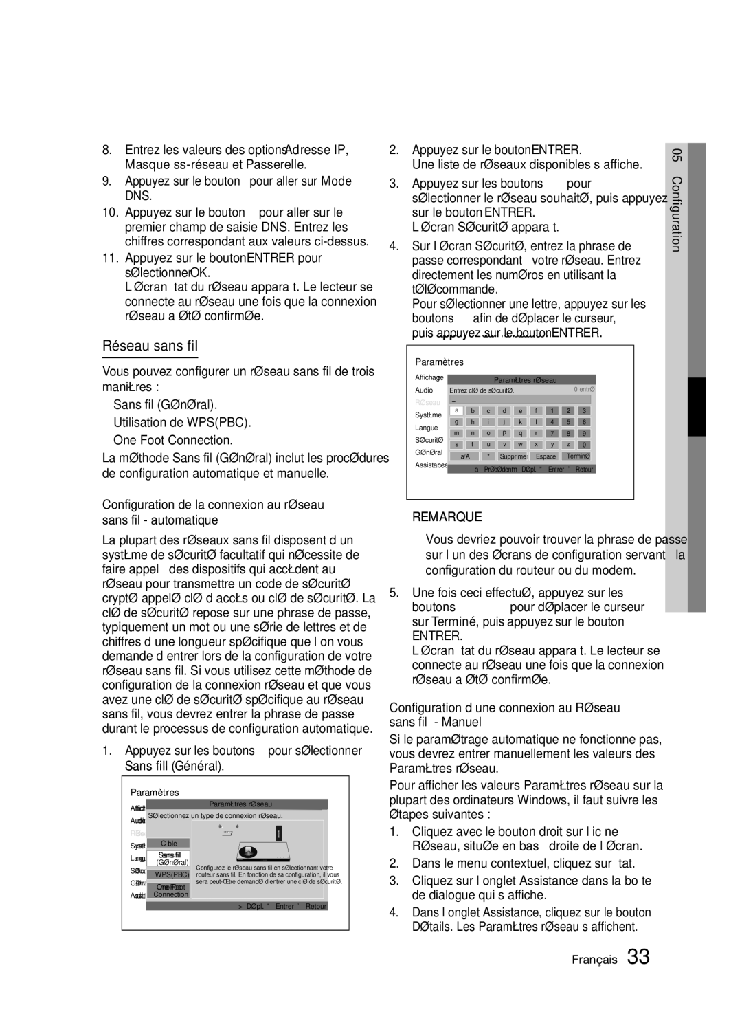 Samsung BD-D5300/ZF manual Réseau sans fil, Appuyez sur le bouton pour aller sur Mode DNS 