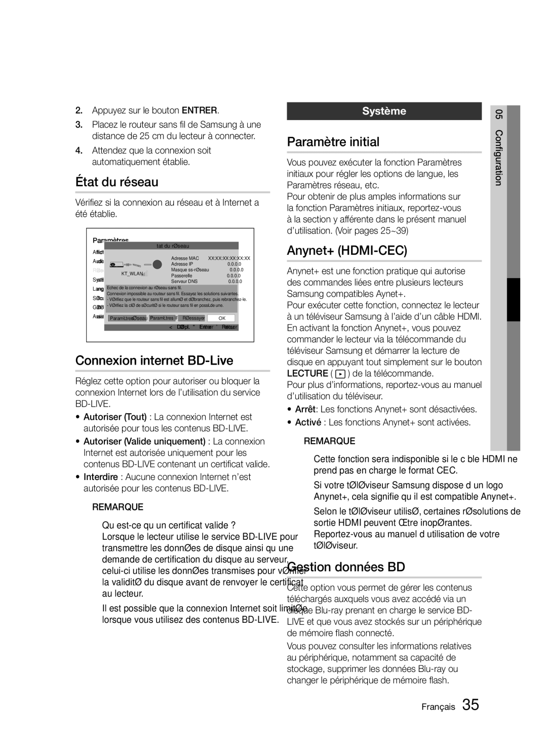 Samsung BD-D5300/ZF État du réseau, Connexion internet BD-Live, Paramètre initial, Anynet+ HDMI-CEC, Gestion données BD 