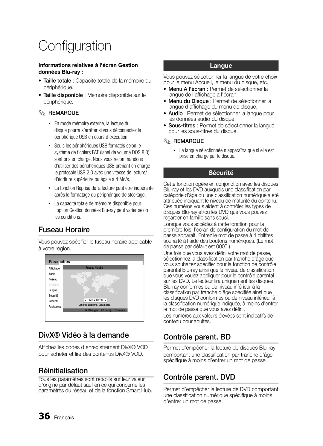 Samsung BD-D5300/ZF Fuseau Horaire, DivX Vidéo à la demande, Réinitialisation, Contrôle parent. BD, Contrôle parent. DVD 