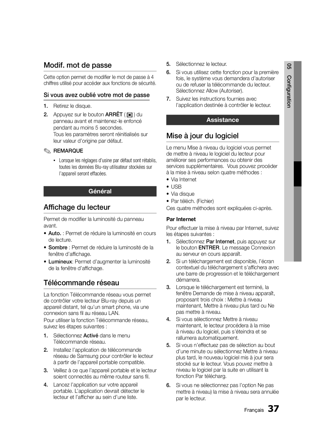 Samsung BD-D5300/ZF manual Modif. mot de passe, Affichage du lecteur, Télécommande réseau, Mise à jour du logiciel 