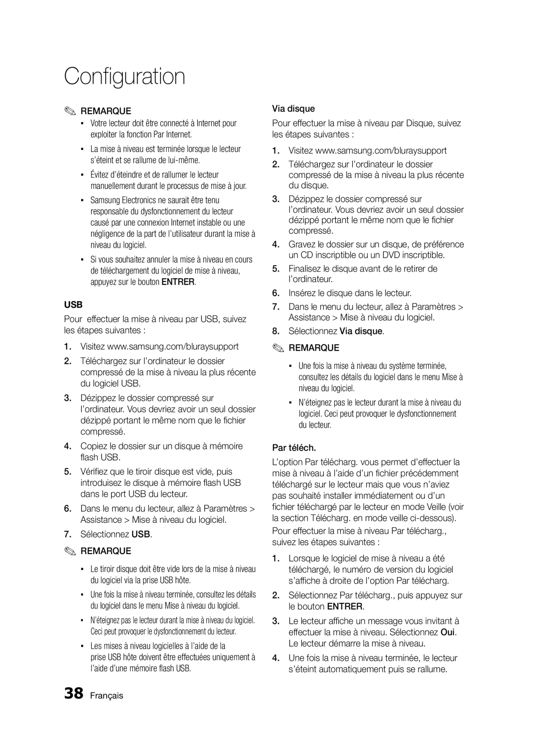 Samsung BD-D5300/ZF Sélectionnez USB, Les mises à niveau logicielles à l’aide de la, Sélectionnez Via disque, Par téléch 
