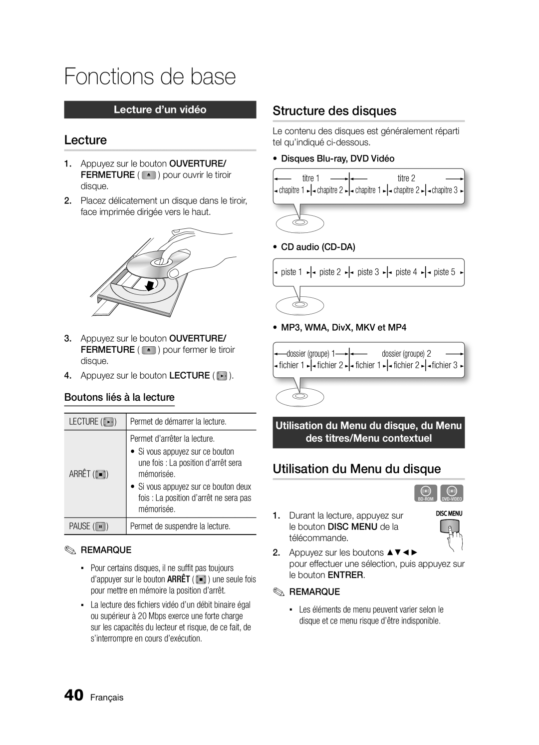 Samsung BD-D5300/ZF manual Fonctions de base, Structure des disques, Utilisation du Menu du disque, Lecture d’un vidéo 