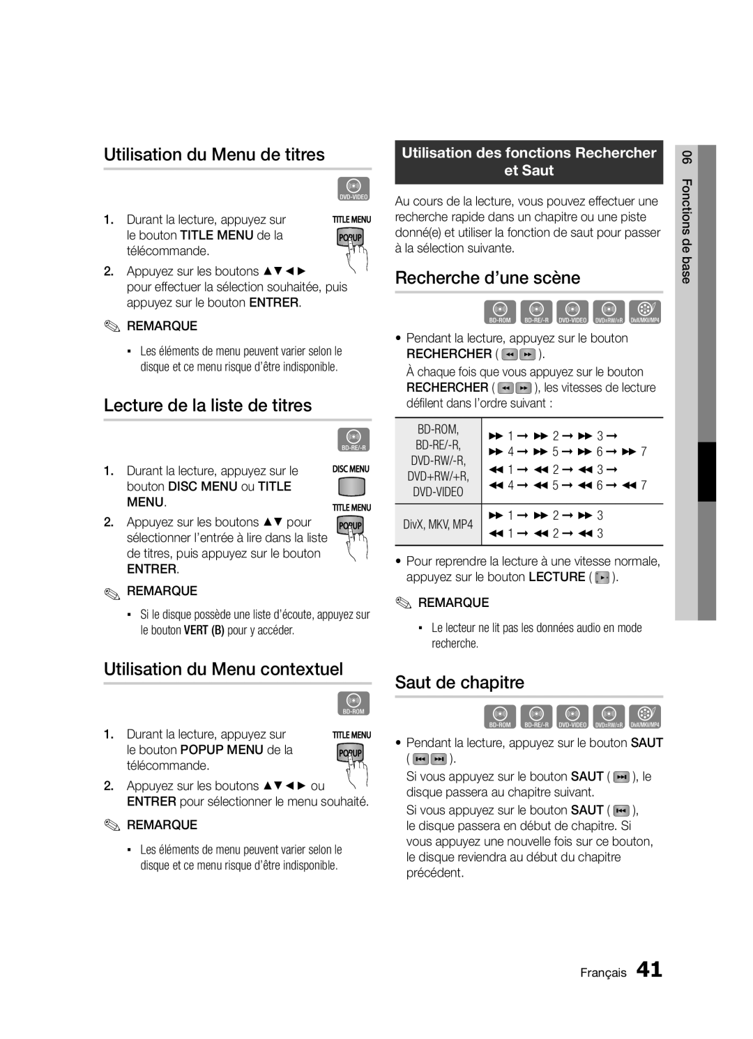 Samsung BD-D5300/ZF manual Utilisation du Menu de titres, Lecture de la liste de titres, Utilisation du Menu contextuel 