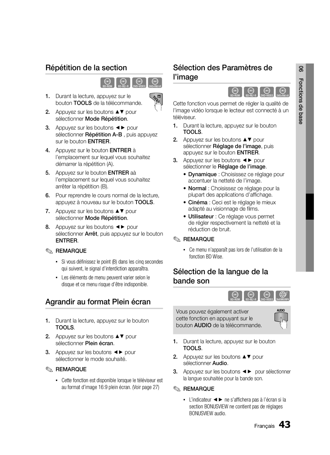 Samsung BD-D5300/ZF manual Répétition de la section, Agrandir au format Plein écran, Sélection des Paramètres de l’image 