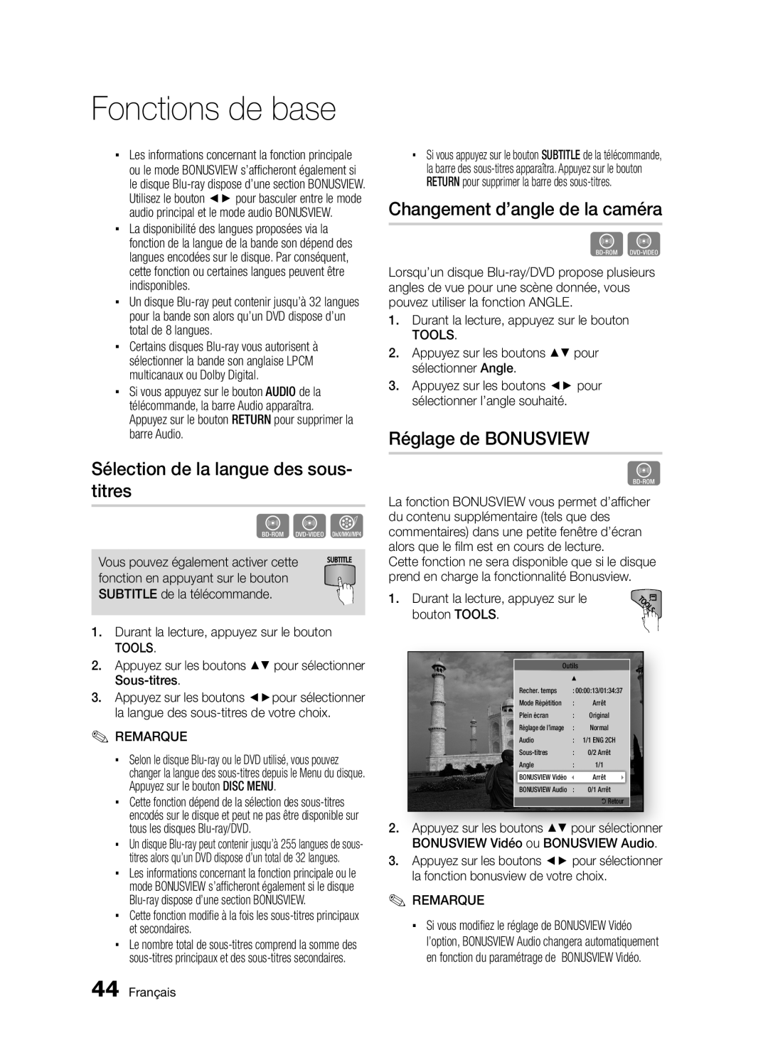 Samsung BD-D5300/ZF manual Sélection de la langue des sous- titres, Changement d’angle de la caméra, Réglage de Bonusview 