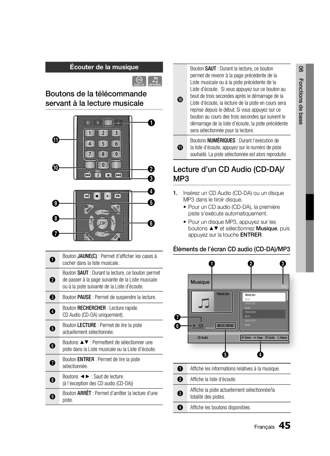 Samsung BD-D5300/ZF manual Boutons de la télécommande servant à la lecture musicale, Lecture d’un CD Audio CD-DA/ MP3 