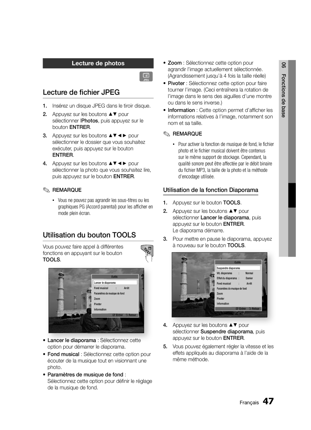 Samsung BD-D5300/ZF manual Lecture de fichier Jpeg, Utilisation du bouton Tools, Lecture de photos 