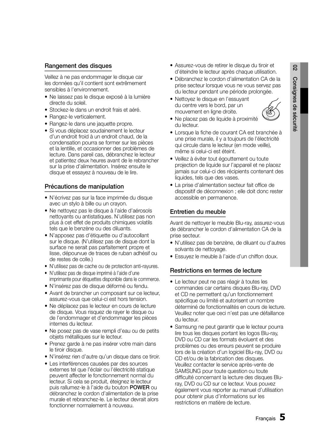 Samsung BD-D5300/ZF manual Rangement des disques, Précautions de manipulation, Entretien du meuble 