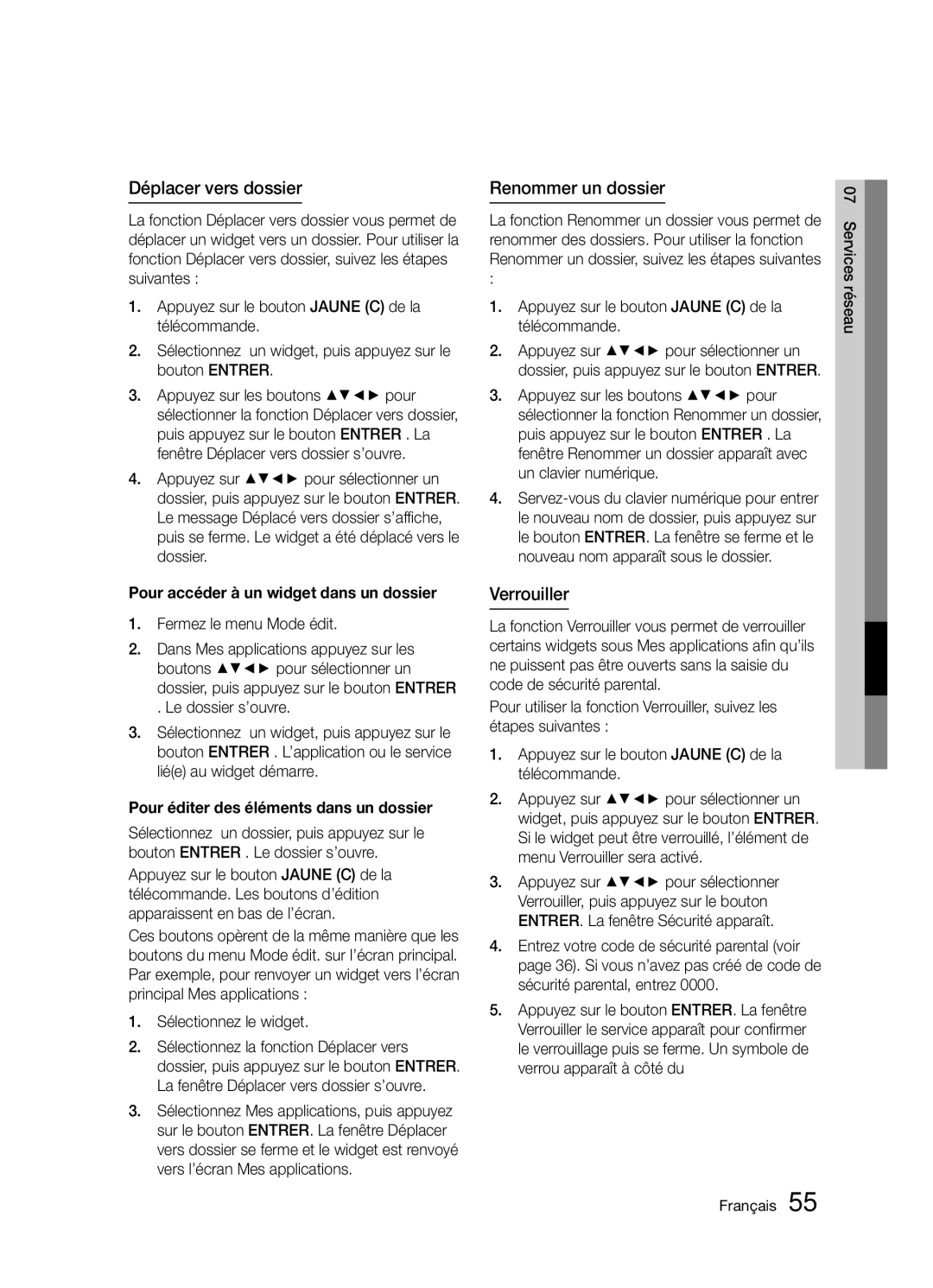 Samsung BD-D5300/ZF Déplacer vers dossier, Renommer un dossier, Verrouiller, Pour accéder à un widget dans un dossier 