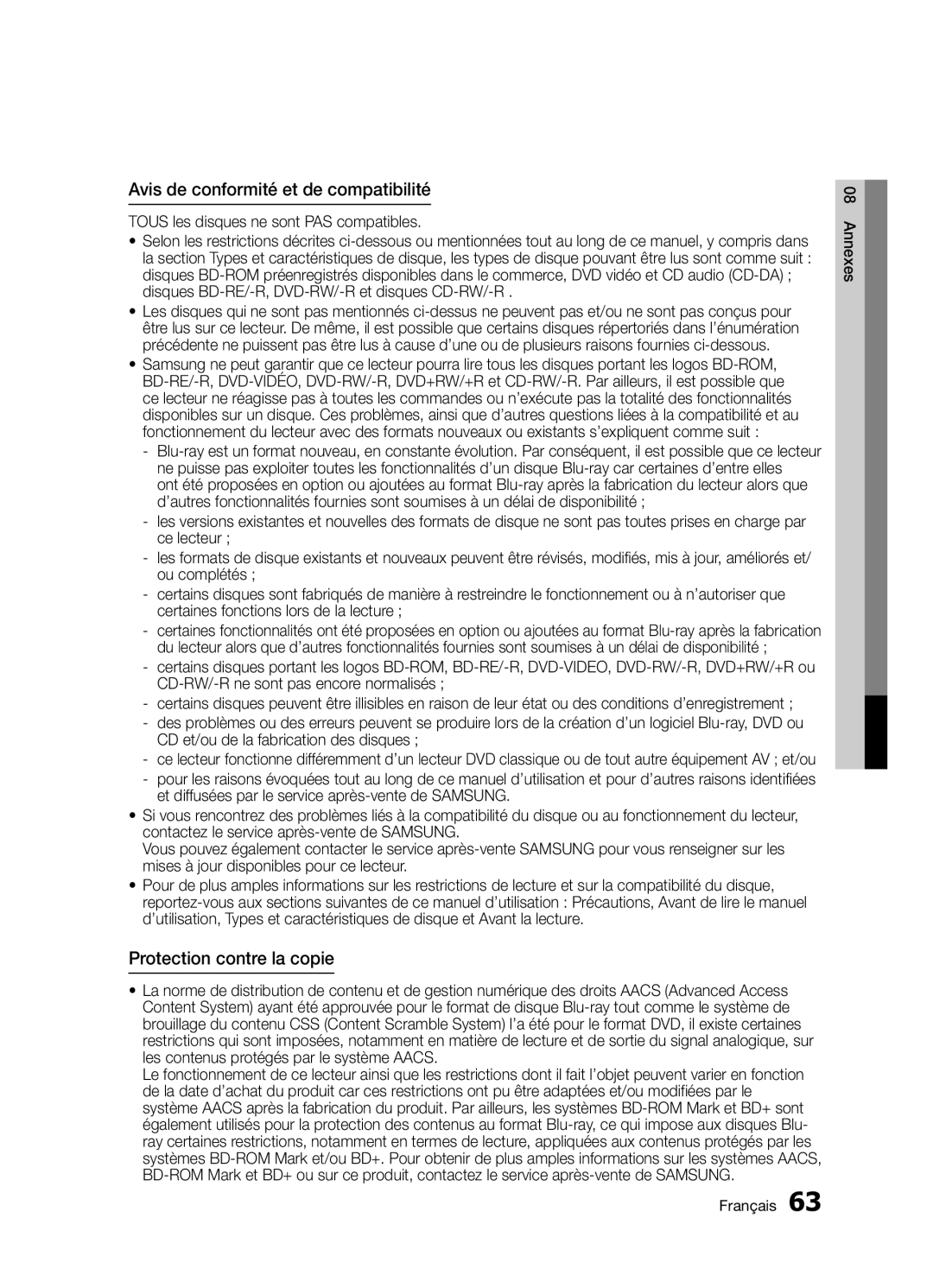 Samsung BD-D5300/ZF manual Avis de conformité et de compatibilité, Protection contre la copie 