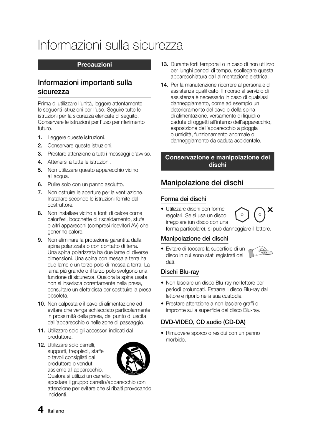 Samsung BD-D5300/ZF manual Informazioni importanti sulla sicurezza, Manipolazione dei dischi, Precauzioni 