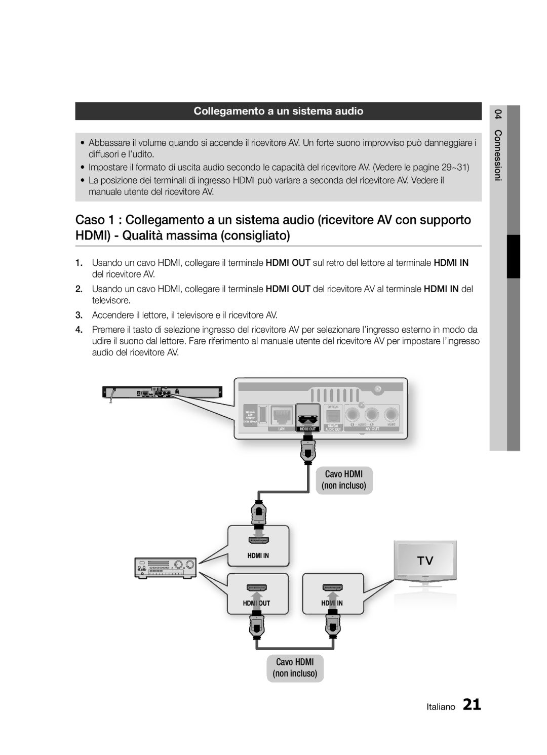 Samsung BD-D5300/ZF manual Collegamento a un sistema audio, Connessioni Italiano, Cavo Hdmi non incluso 