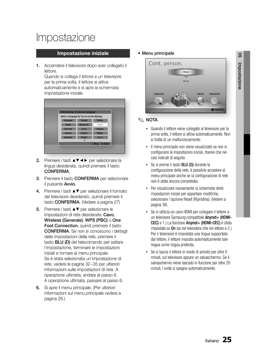 Samsung BD-D5300/ZF manual Impostazione iniziale, Premere il tasto Conferma per selezionare il pulsante Avvio 