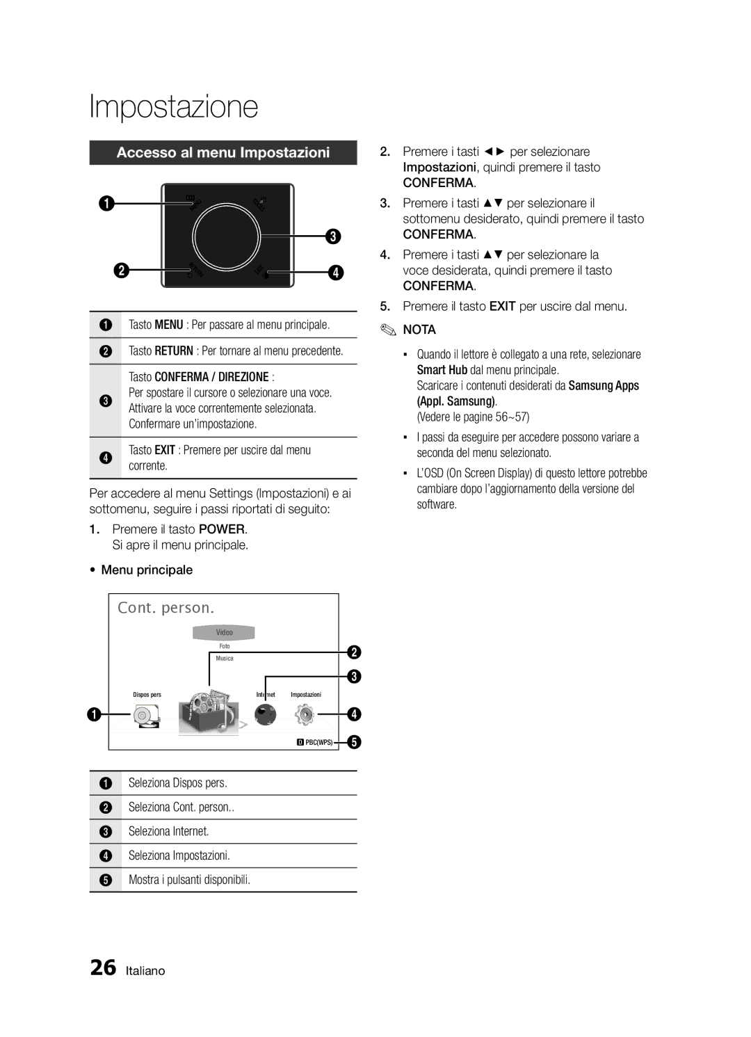 Samsung BD-D5300/ZF manual Accesso al menu Impostazioni, Tasto Exit Premere per uscire dal menu corrente, Menu principale 