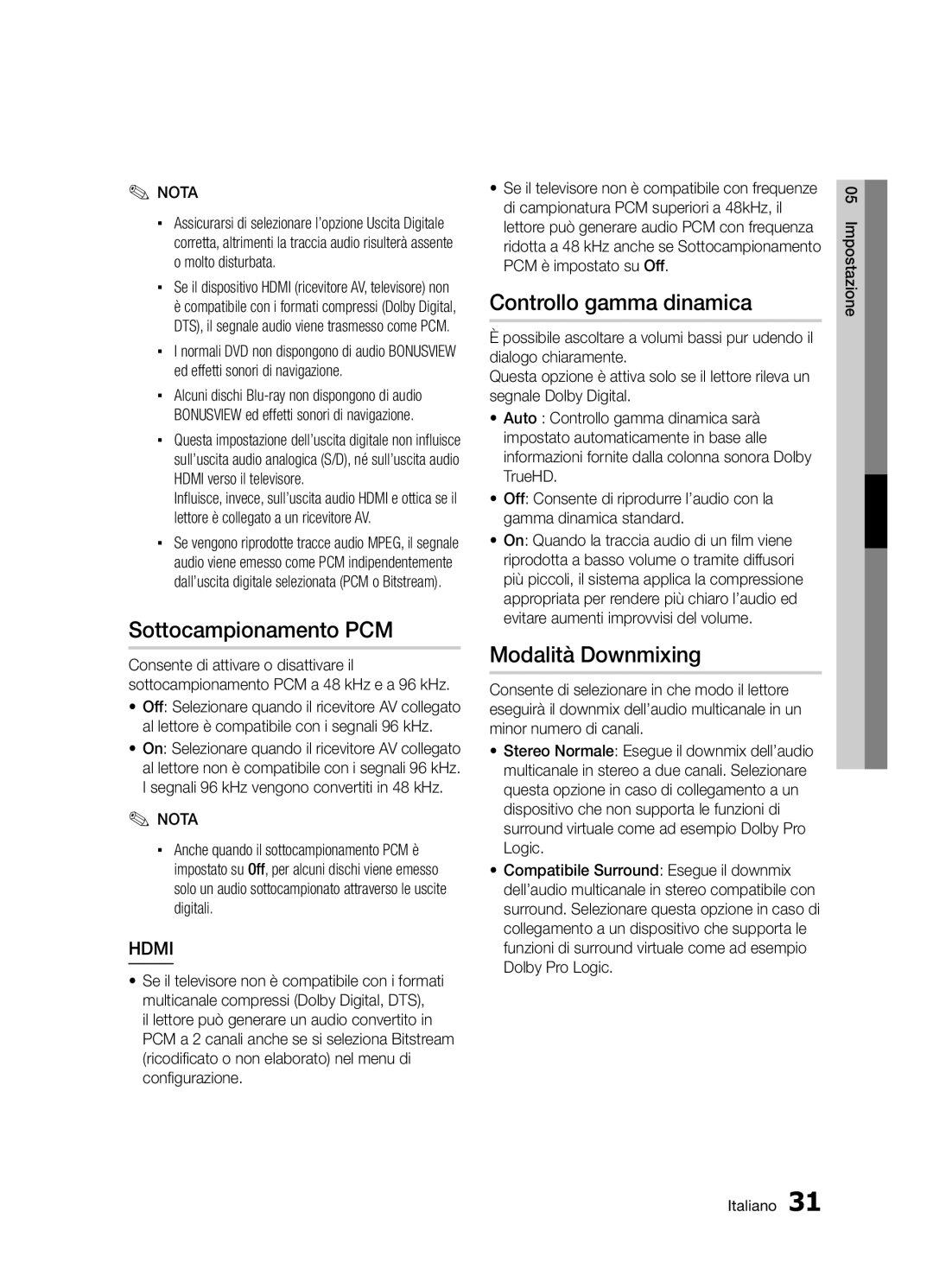 Samsung BD-D5300/ZF manual Sottocampionamento PCM, Controllo gamma dinamica, Modalità Downmixing 