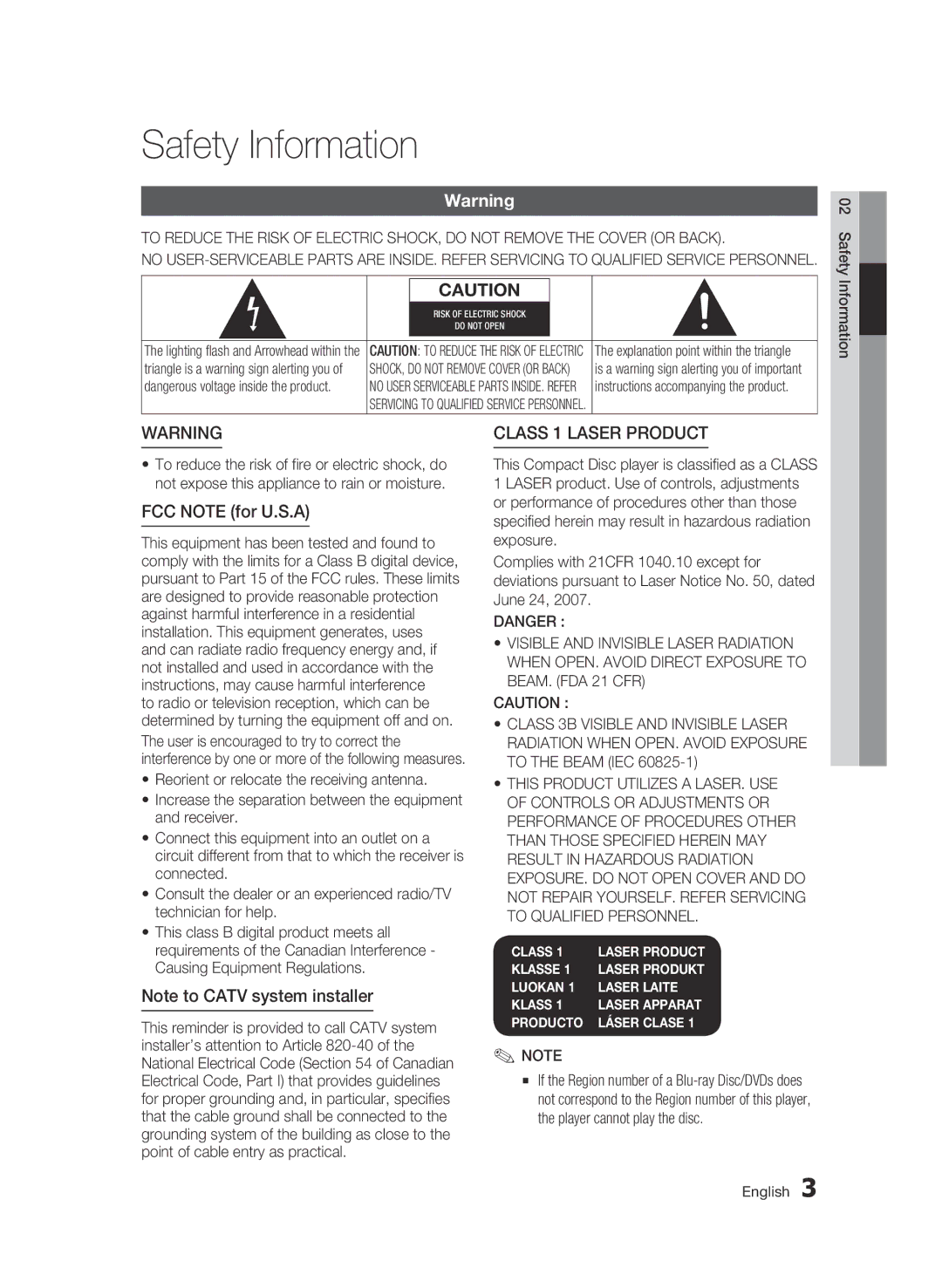 Samsung BD-D5500/ZA user manual Safety Information, Class 1 Laser product, FCC Note for U.S.A 