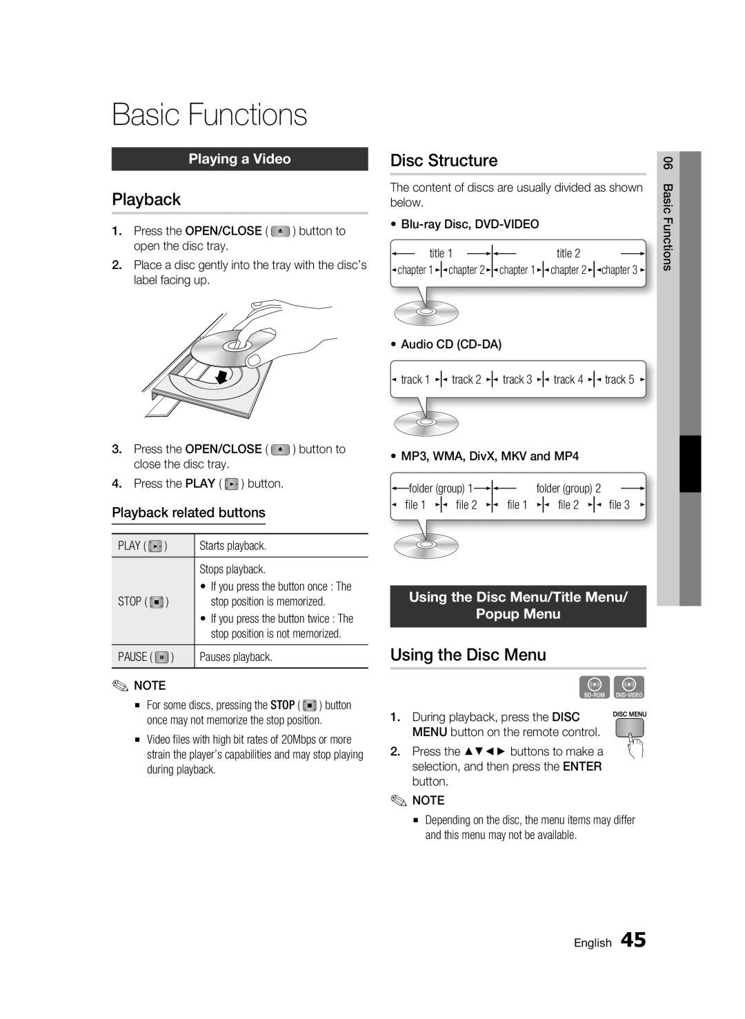 Samsung BD-D5500/ZA user manual Basic Functions, Playback, Disc Structure, Using the Disc Menu 