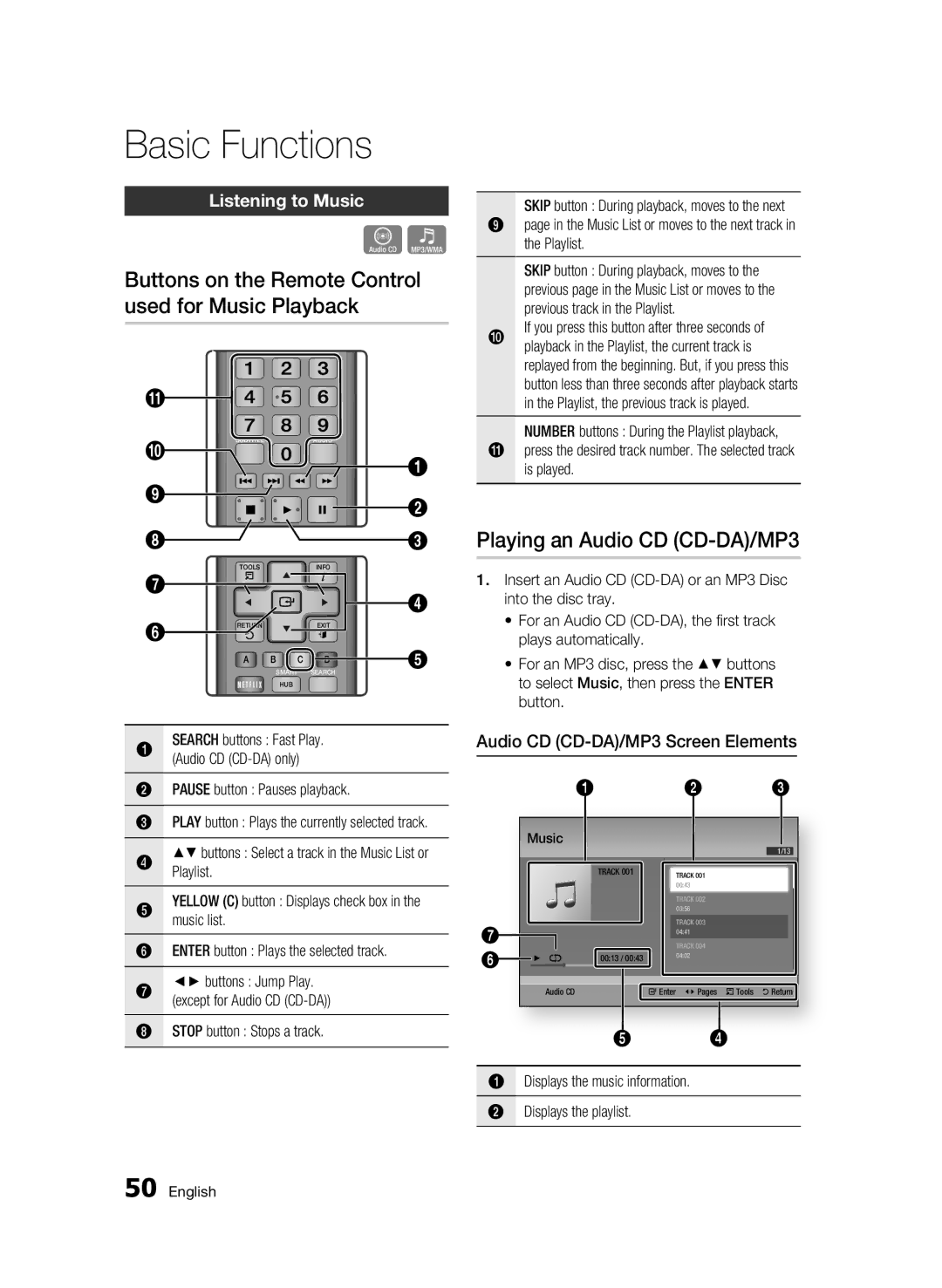 Samsung BD-D5500 Buttons on the Remote Control used for Music Playback, Playing an Audio CD CD-DA/MP3, Listening to Music 