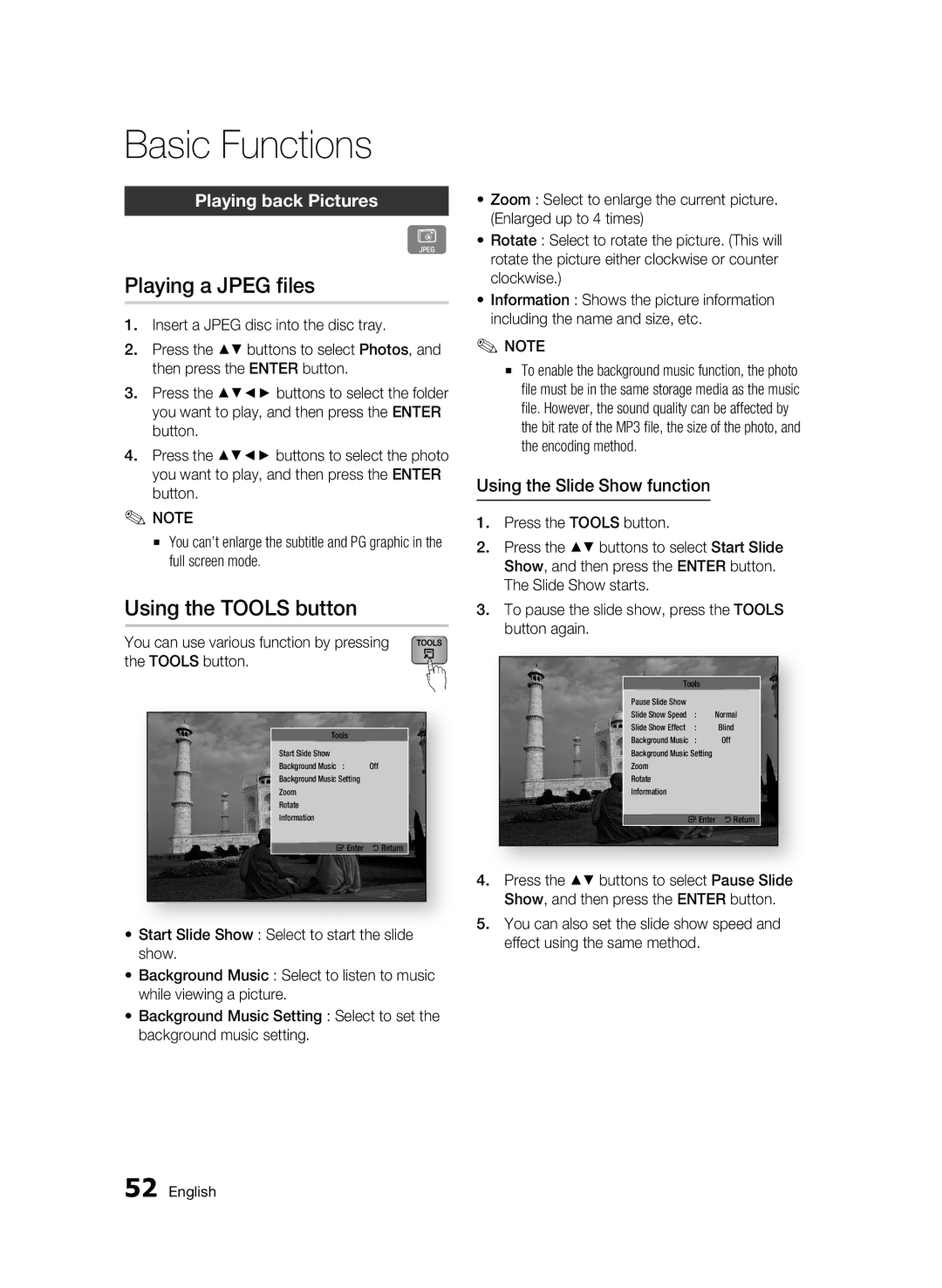 Samsung BD-D5500 Playing a Jpeg files, Using the Tools button, Playing back Pictures, Using the Slide Show function 