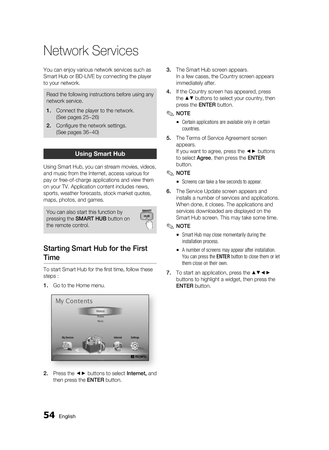 Samsung BD-D5500/ZA user manual Starting Smart Hub for the First, Time, Using Smart Hub 