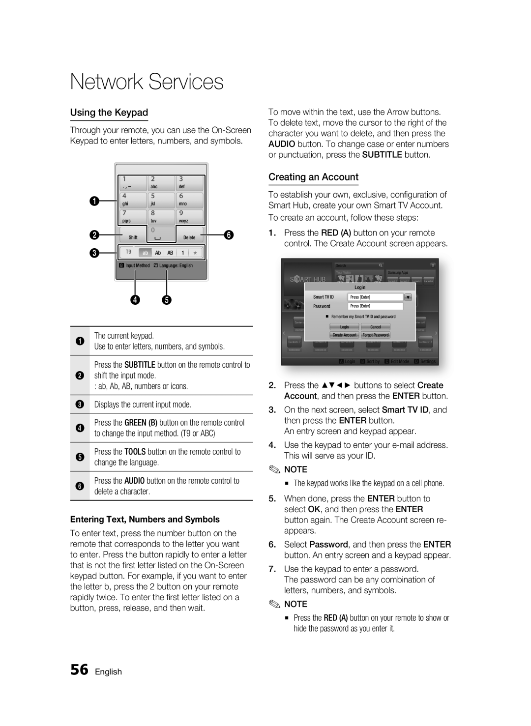 Samsung BD-D5500/ZA Network Services, Using the Keypad, Creating an Account, Entering Text, Numbers and Symbols 