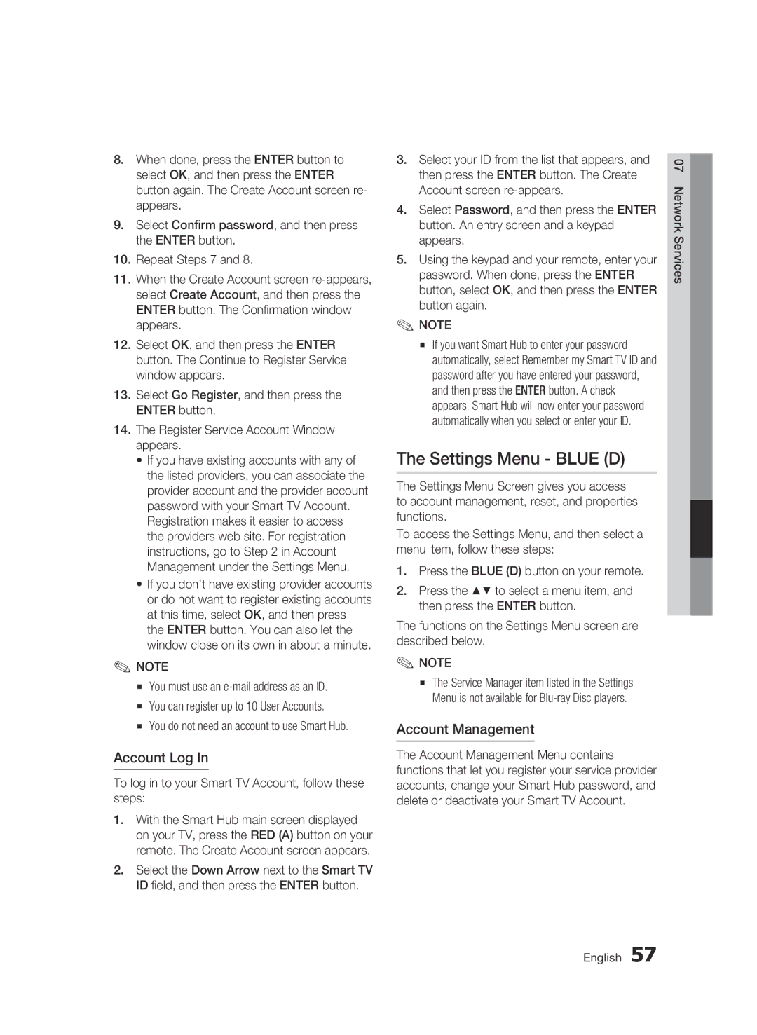 Samsung BD-D5500/ZA user manual Settings Menu Blue D, Account Log, Account Management 