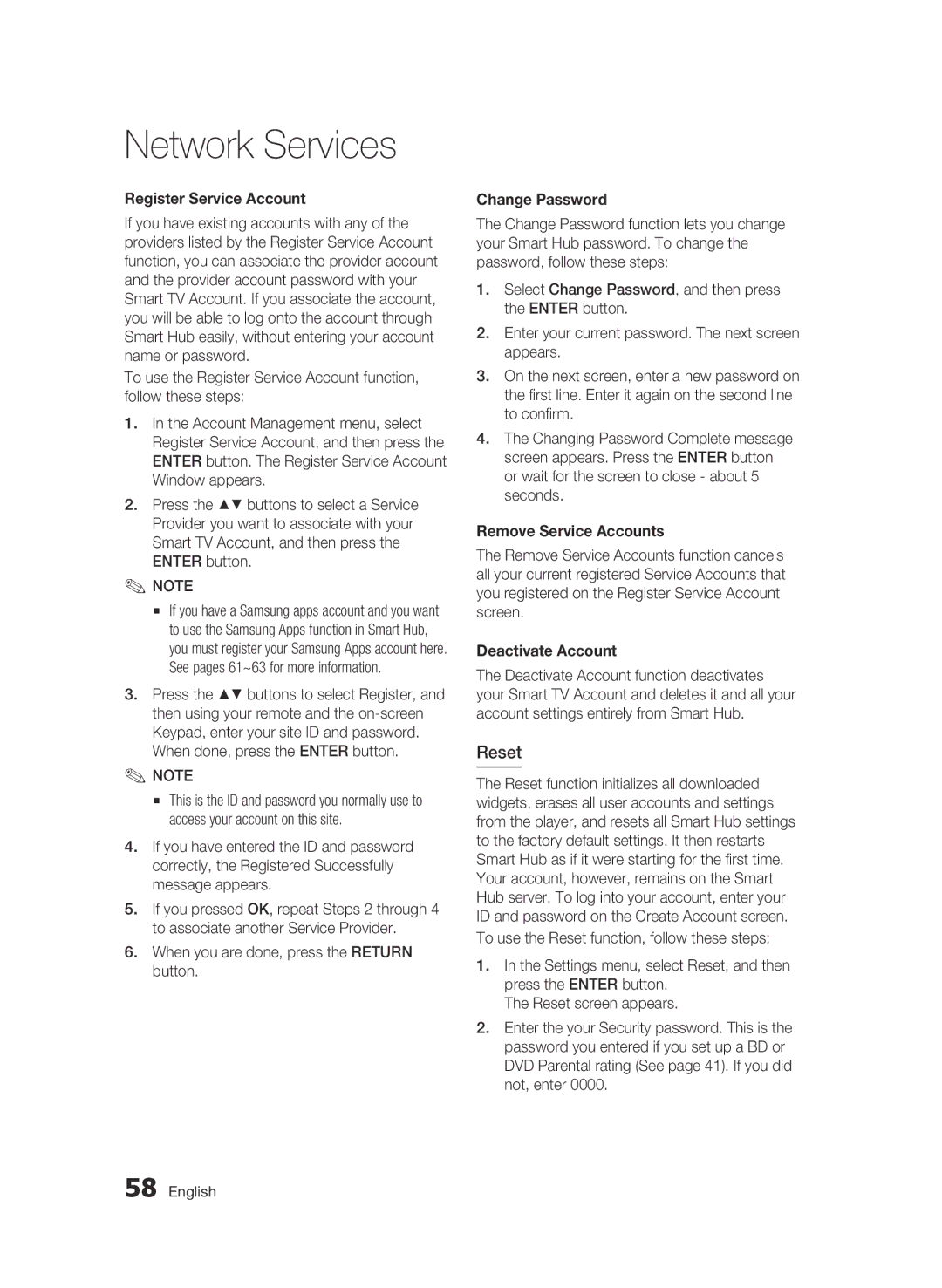 Samsung BD-D5500 user manual Reset, Register Service Account, Change Password, Remove Service Accounts, Deactivate Account 