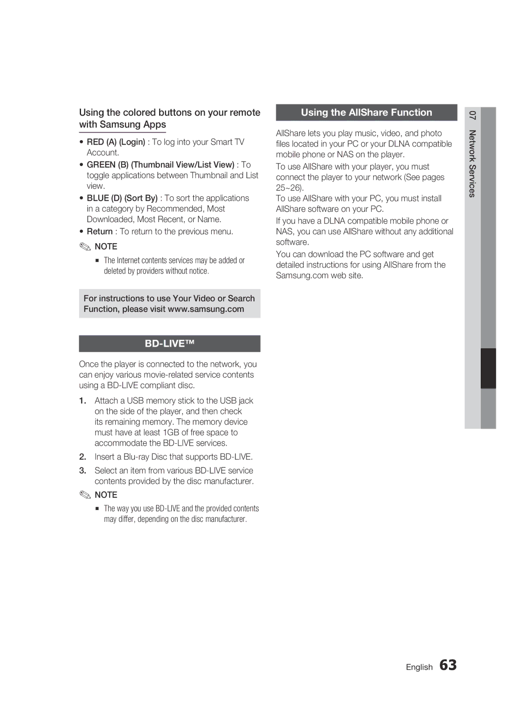 Samsung BD-D5500/ZA user manual Using the colored buttons on your remote with Samsung Apps, Using the AllShare Function 