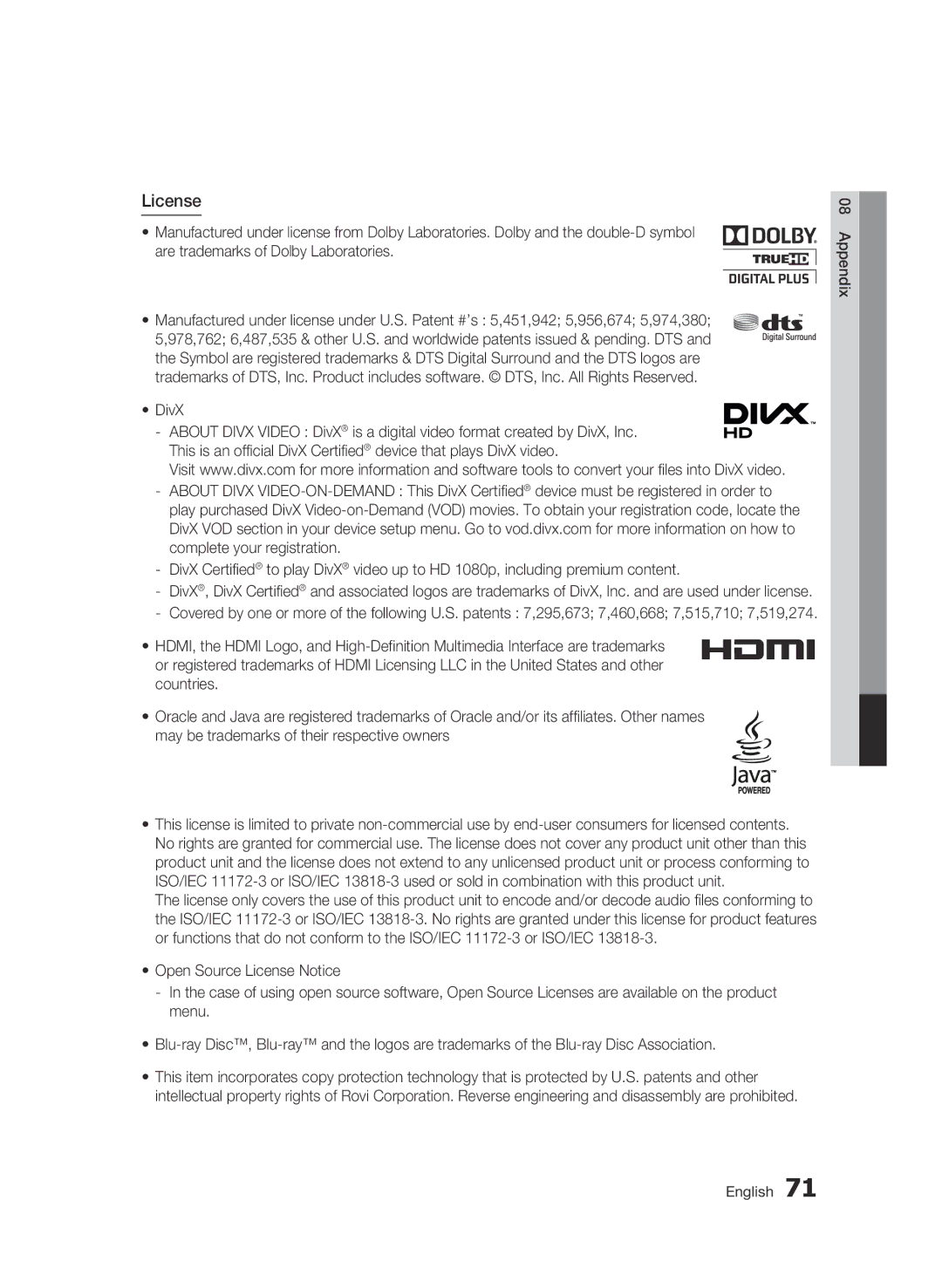 Samsung BD-D5500/ZA user manual License, DivX 