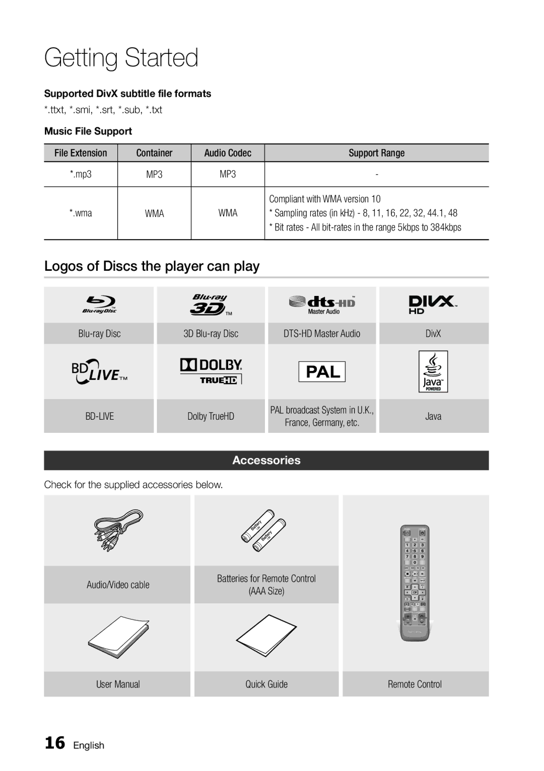 Samsung BD-D5500/ZF, BD-D5500/EN, BD-D5500/XE manual Logos of Discs the player can play, Accessories, Music File Support 