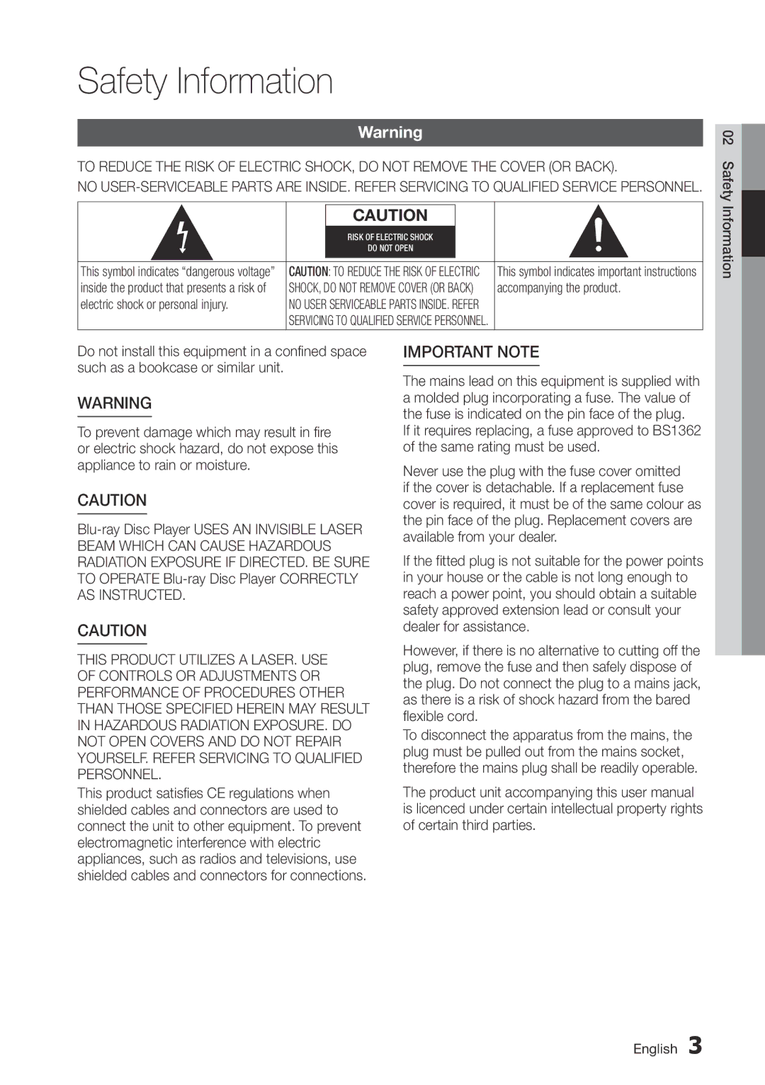 Samsung BD-D5500/EN, BD-D5500/ZF, BD-D5500/XE manual Safety Information, Important Note 