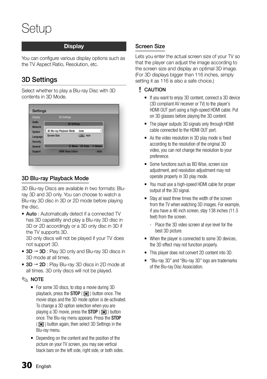 Samsung BD-D5500/EN, BD-D5500/ZF, BD-D5500/XE manual 3D Settings, Display, 3D Blu-ray Playback Mode, Screen Size 