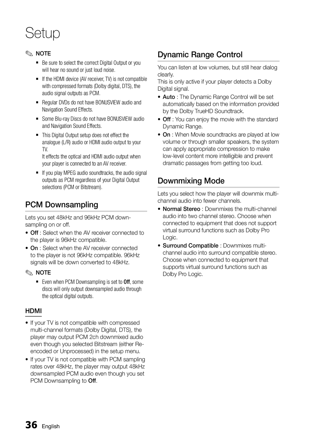 Samsung BD-D5500/EN, BD-D5500/ZF, BD-D5500/XE manual PCM Downsampling, Dynamic Range Control, Downmixing Mode 