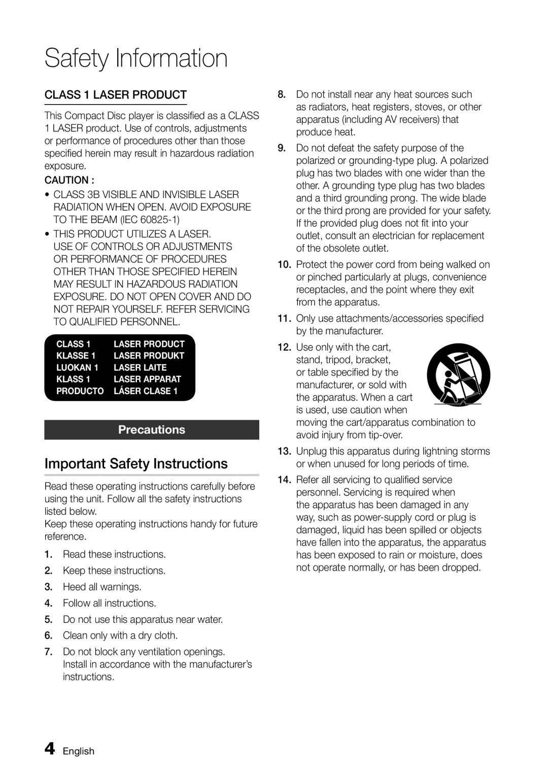 Samsung BD-D5500/ZF, BD-D5500/EN, BD-D5500/XE manual Important Safety Instructions, Class 1 Laser product, Precautions 