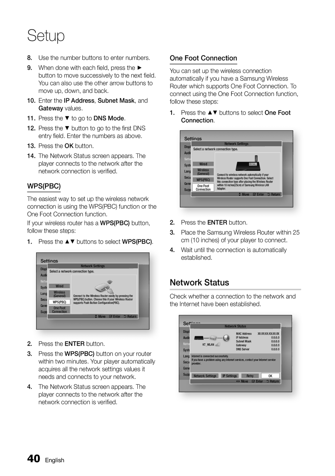 Samsung BD-D5500/ZF, BD-D5500/EN, BD-D5500/XE manual Network Status, One Foot Connection, Press the OK button 