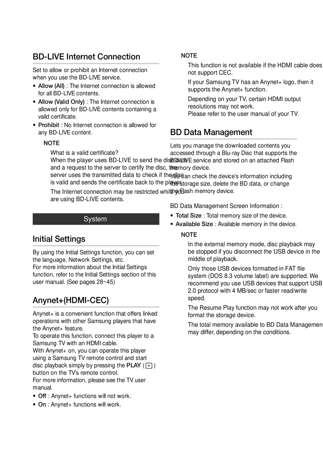 Samsung BD-D5500/XE manual BD-LIVE Internet Connection, Initial Settings, Anynet+HDMI-CEC, BD Data Management, System 