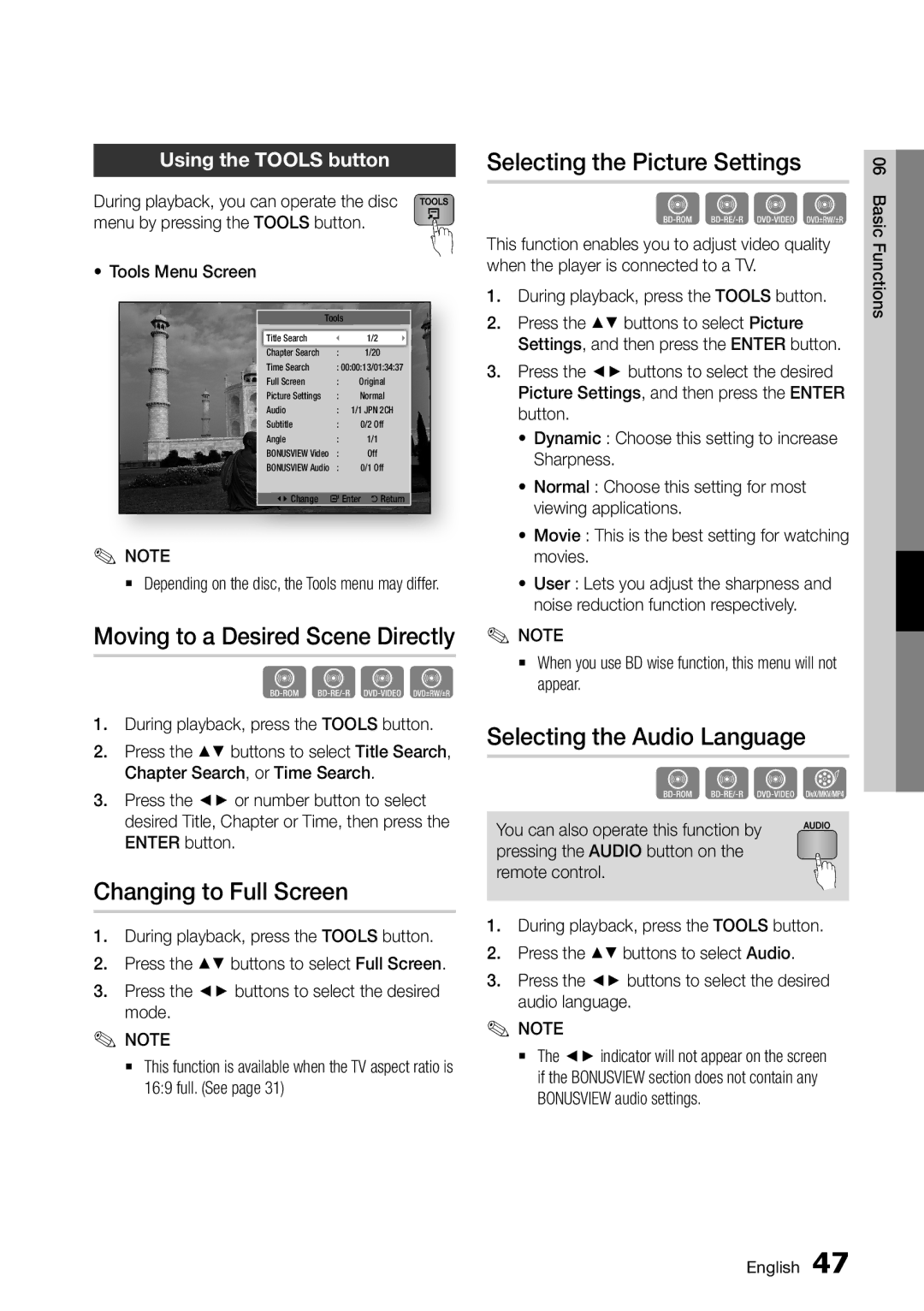 Samsung BD-D5500/ZF manual Moving to a Desired Scene Directly, Changing to Full Screen, Selecting the Picture Settings 