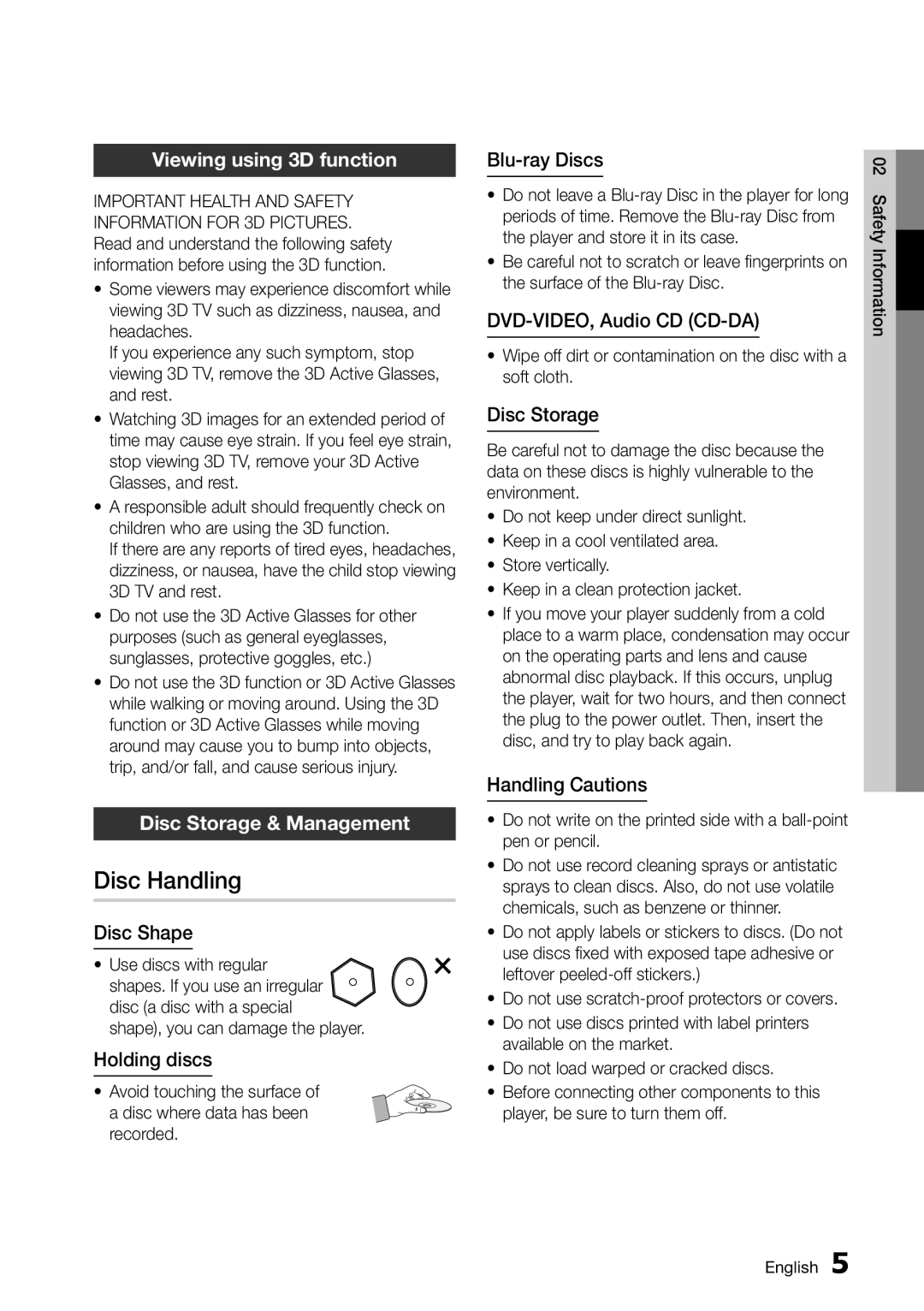 Samsung BD-D5500/XE, BD-D5500/EN, BD-D5500/ZF manual Disc Handling, Viewing using 3D function, Disc Storage & Management 