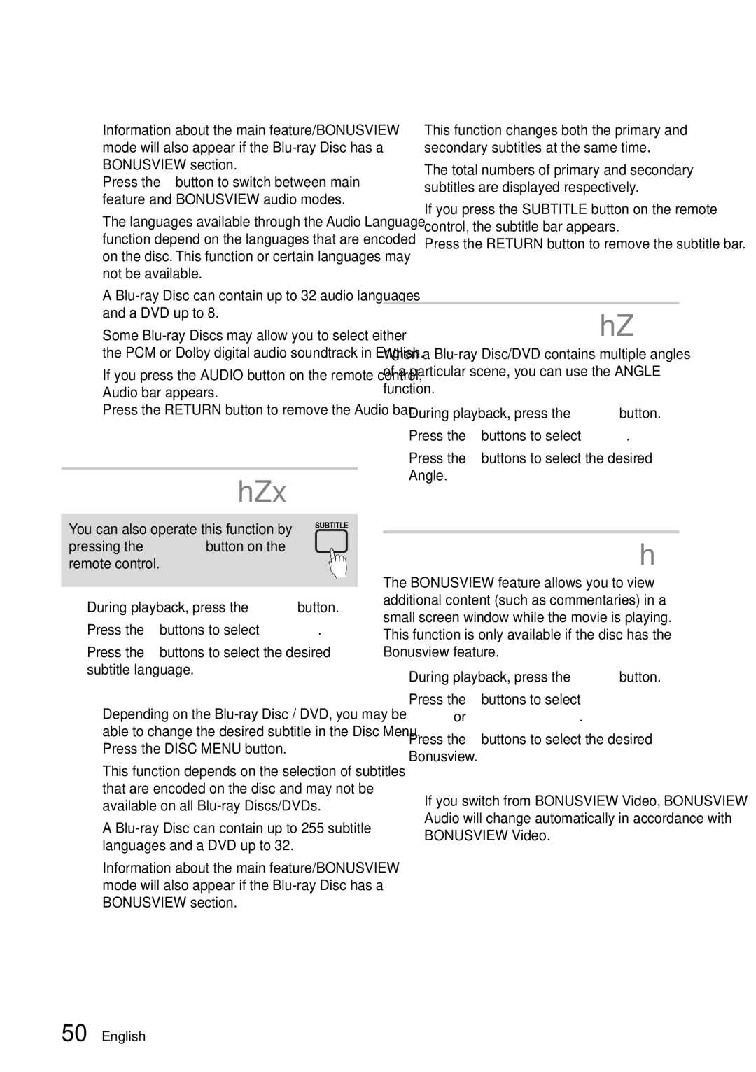 Samsung BD-D5500/XE, BD-D5500/EN, BD-D5500/ZF Selecting the Subtitle Language, Changing the Camera Angle, Setting Bonusview 