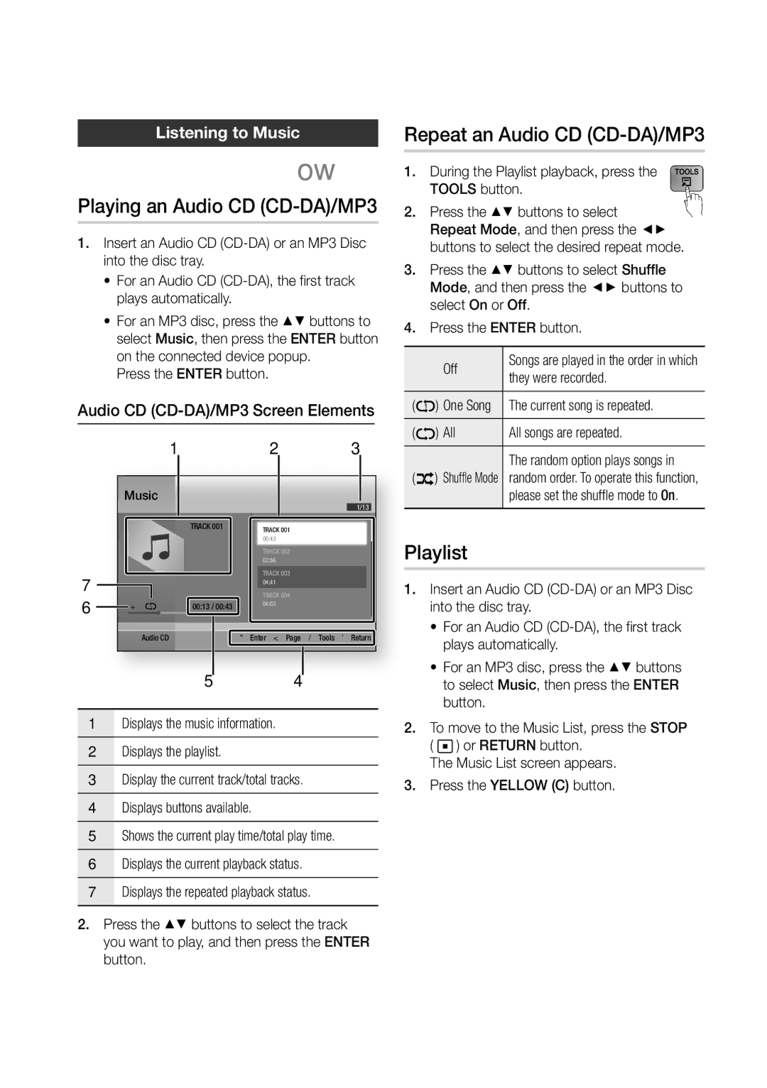 Samsung BD-D5500/EN, BD-D5500/ZF Playing an Audio CD CD-DA/MP3, Repeat an Audio CD CD-DA/MP3, Playlist, Listening to Music 